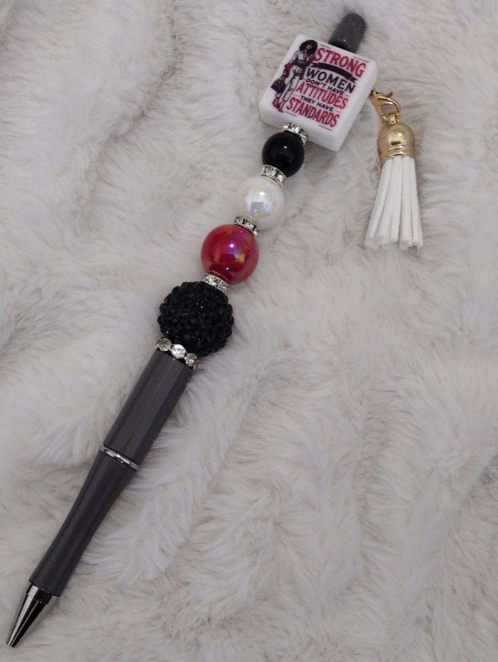 Decorative Gray Beaded Tassel Ballpoint Pen - Strong Women Accent